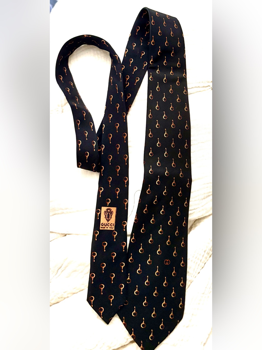Gucci Black Silk Tie With Gold Bit Pattern Motif
